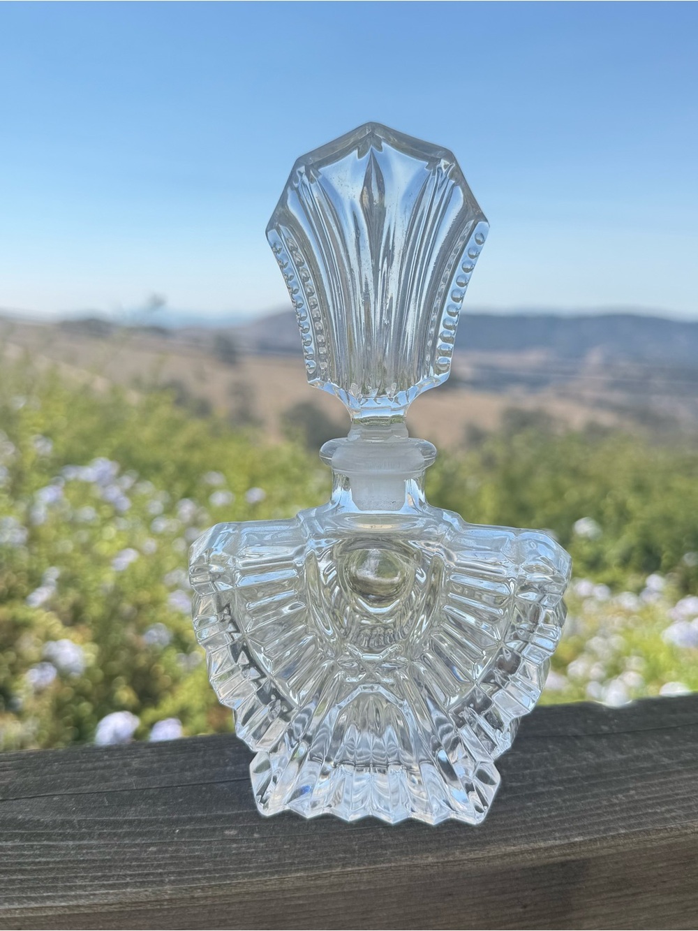 Vintage Art Deco Pressed Glass Clear Perfume Bottle With Fan Style Stopper - Picture 4 of 14